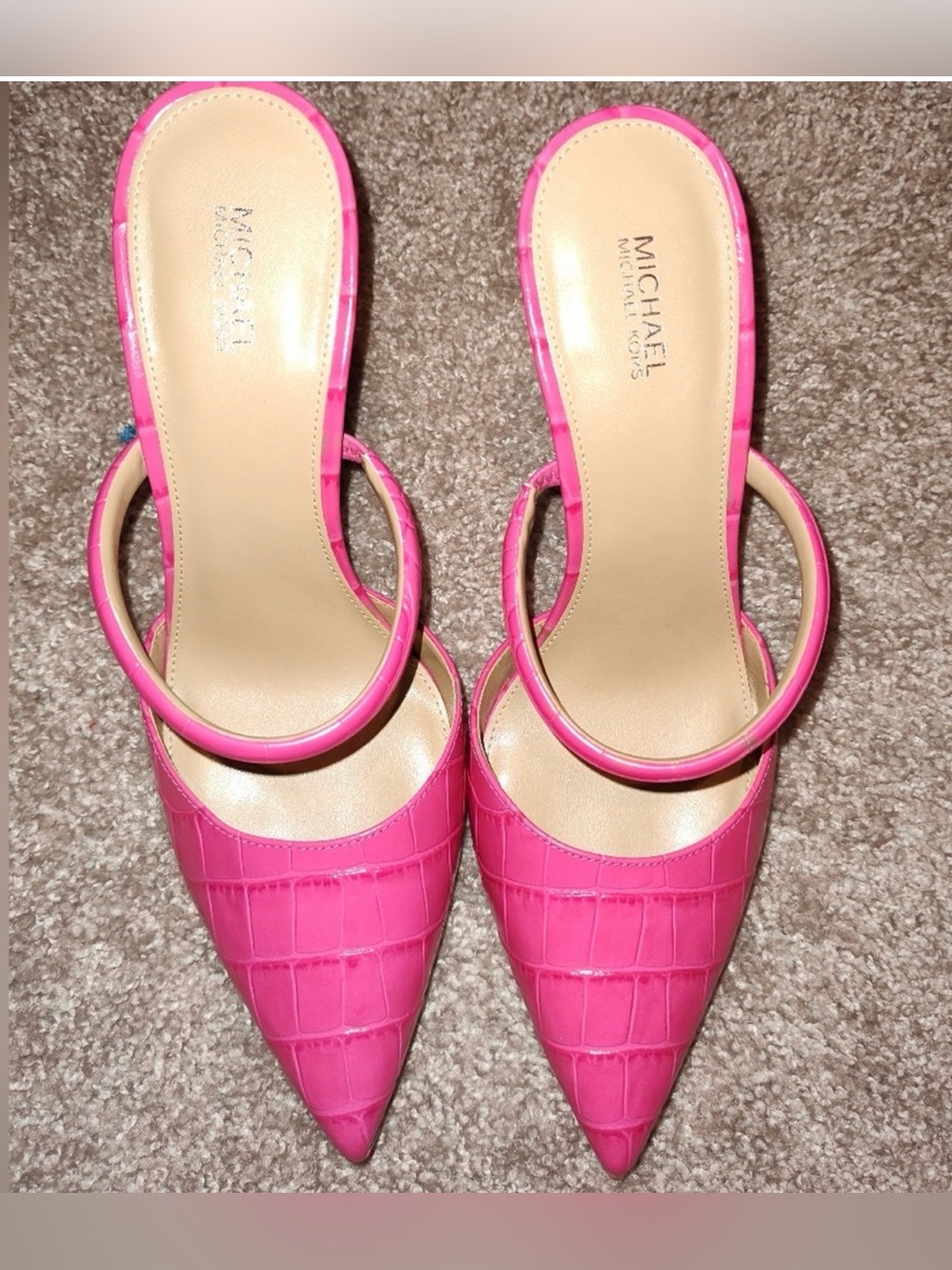 MICHAEL Michael Kors Pink Croc-Embossed Pointed Mules with Hoop Strap